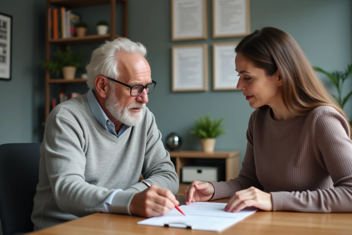 Homme senior et évaluatrice discutant d