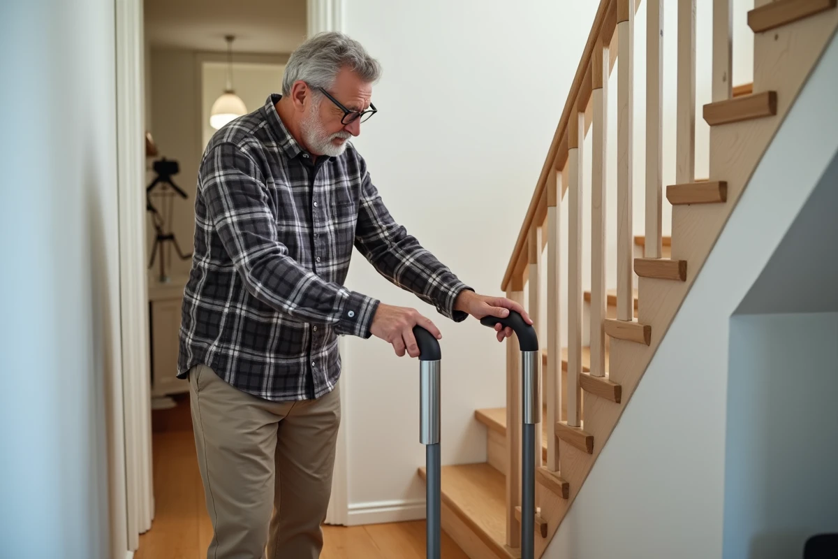Homme senior évaluant un monte-escalier debout portable au pied d'un escalier en appartement