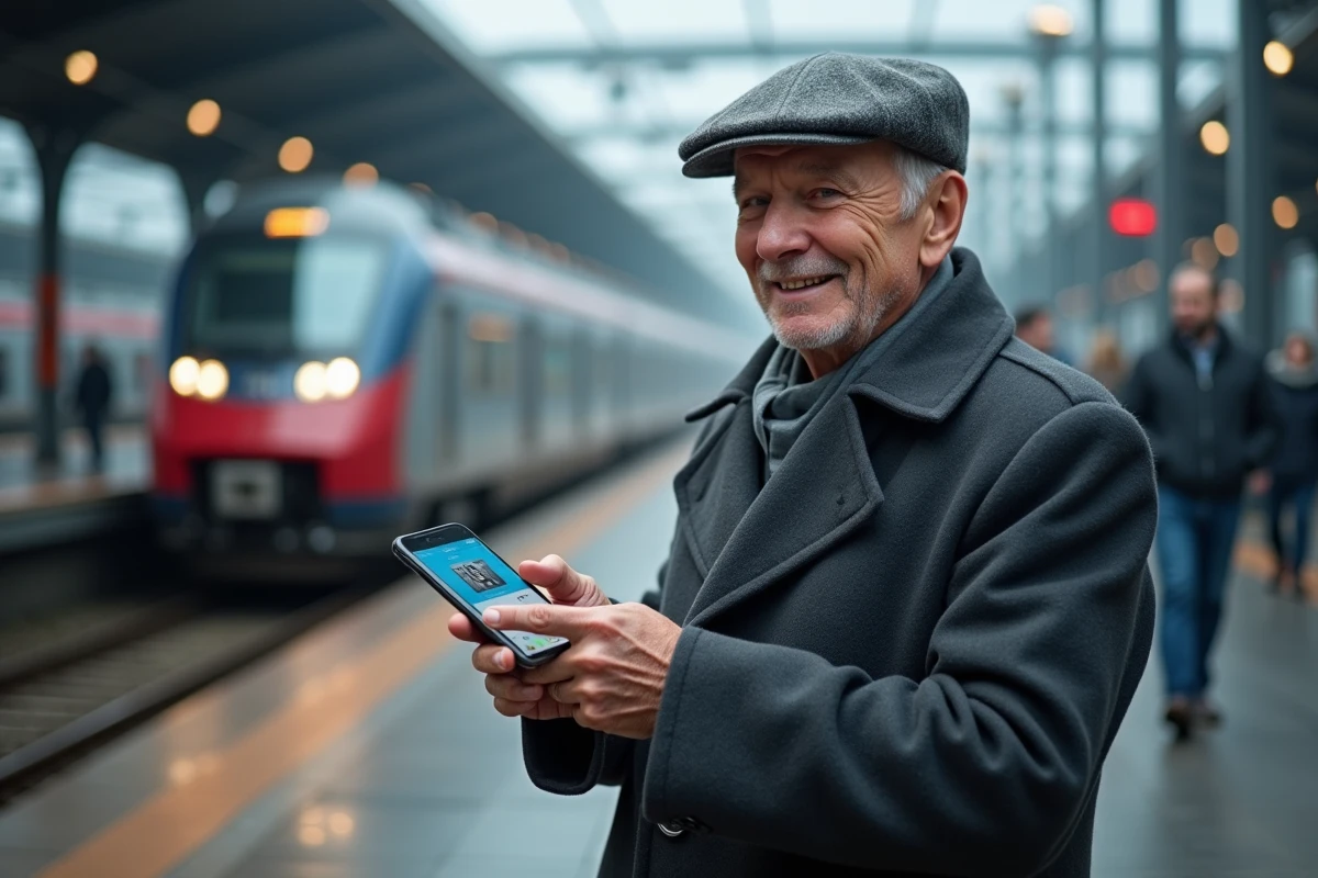 Homme senior souriant avec smartphone sur plateforme train