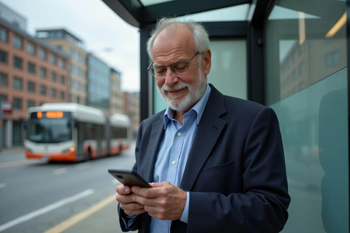 Homme âgé attendant au bus avec son smartphone