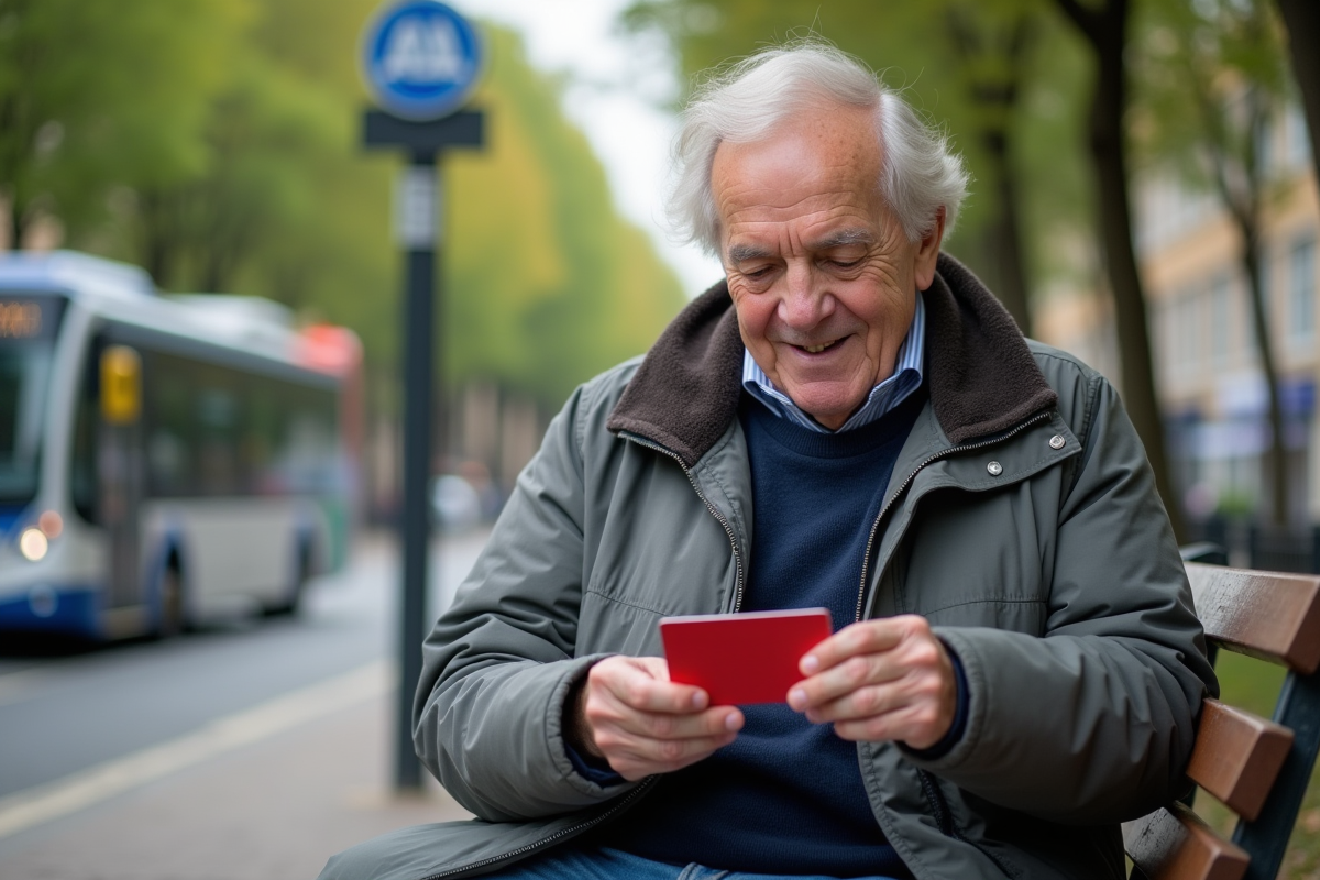 Homme âgé examinant sa carte de transport assis sur un banc