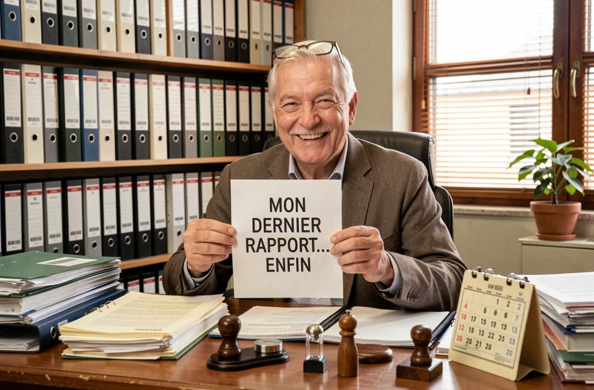 Fonctionnaire souriant tenant son dernier rapport avant la retraite à son bureau encombré de dossiers administratifs