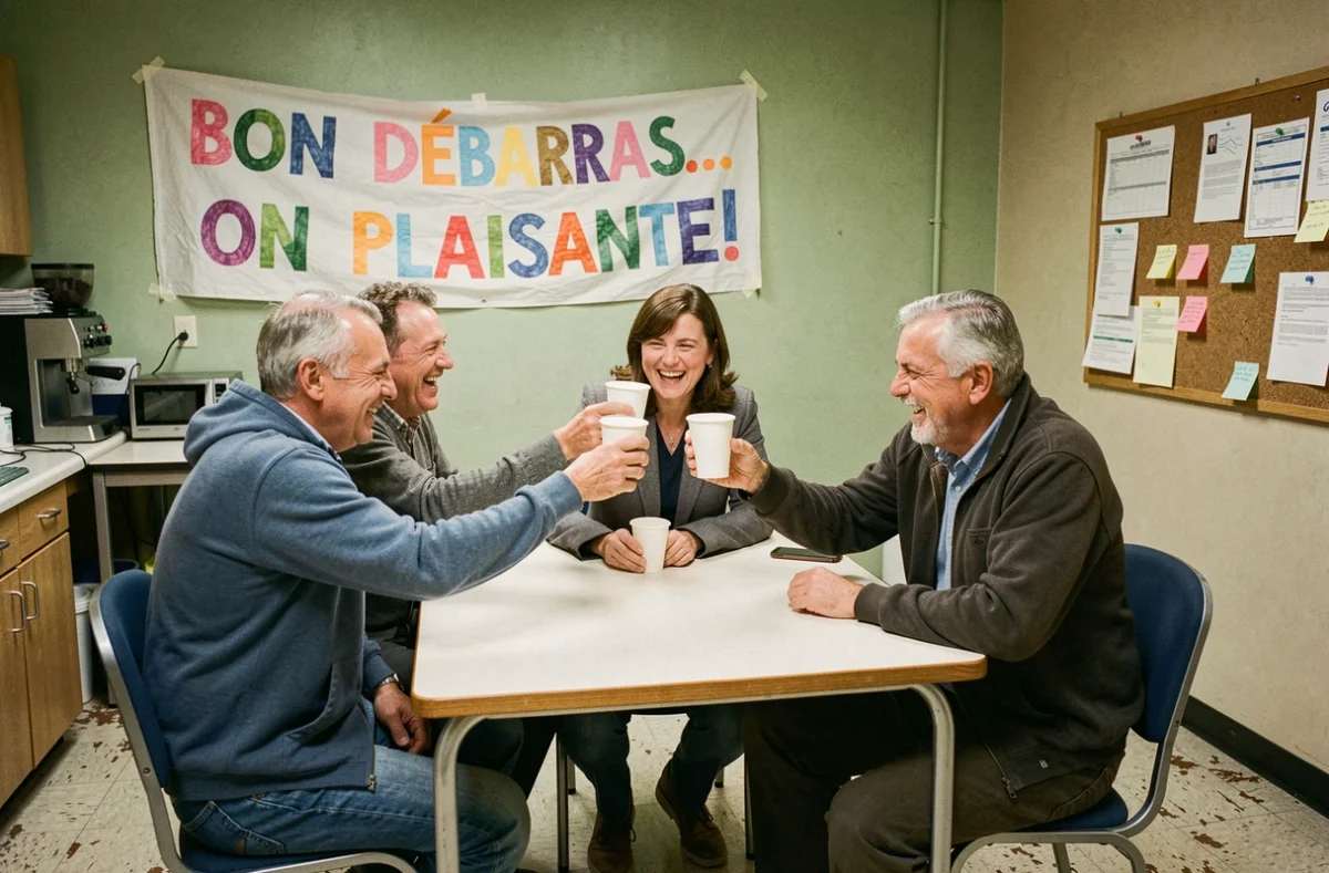 Collègues fonctionnaires riant ensemble lors d'une fête de départ à la retraite dans une salle de pause administrative