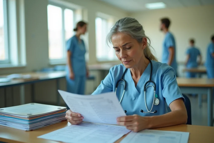 Infirmière en service hospitalier complétant un formulaire d'évaluation IADL pour un patient, score de dépendance fonctionnelle