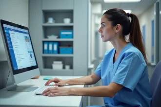 Infirmière saisissant des transmissions soignantes sur le logiciel NETSoins Colisée à un poste de soins hospitalier