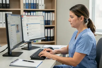 Infirmière sécurisant l'accès aux données patients sur le logiciel NETSoins dans un bureau de maison de retraite