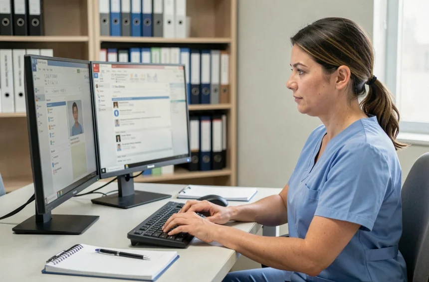 Infirmière sécurisant l'accès aux données patients sur le logiciel NETSoins dans un bureau de maison de retraite
