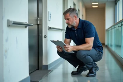 Technicien inspectant les mécanismes de sécurité d'un élévateur PMR dans un bâtiment public