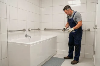 Plombier installant des barres d'appui sur une baignoire PMR dans une salle de bain adaptée aux personnes à mobilité réduite