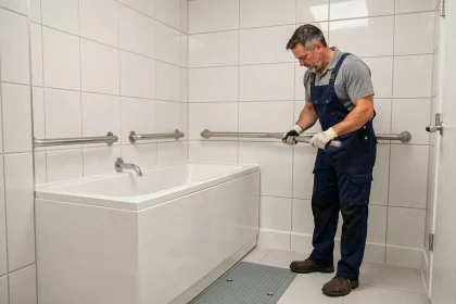 Plombier installant des barres d'appui sur une baignoire PMR dans une salle de bain adaptée aux personnes à mobilité réduite
