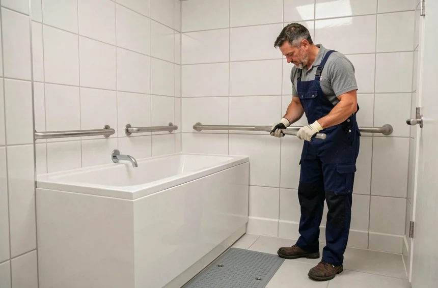 Plombier installant des barres d'appui sur une baignoire PMR dans une salle de bain adaptée aux personnes à mobilité réduite