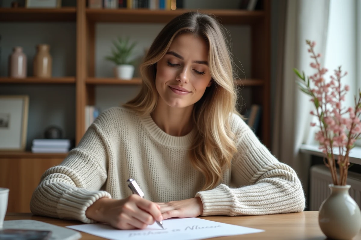 Jeune femme écrivant une note sur du papier élégant dans un intérieur moderne