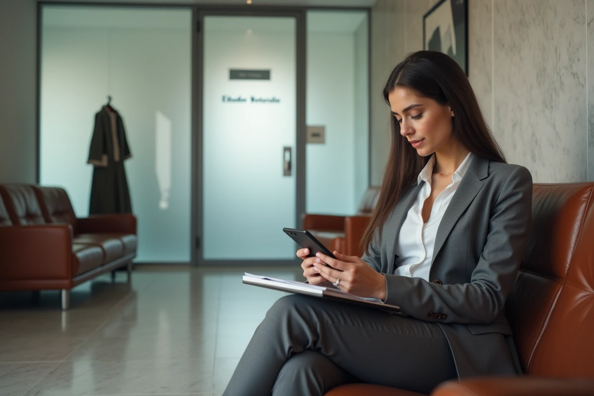 Jeune femme en costume dans une salle d