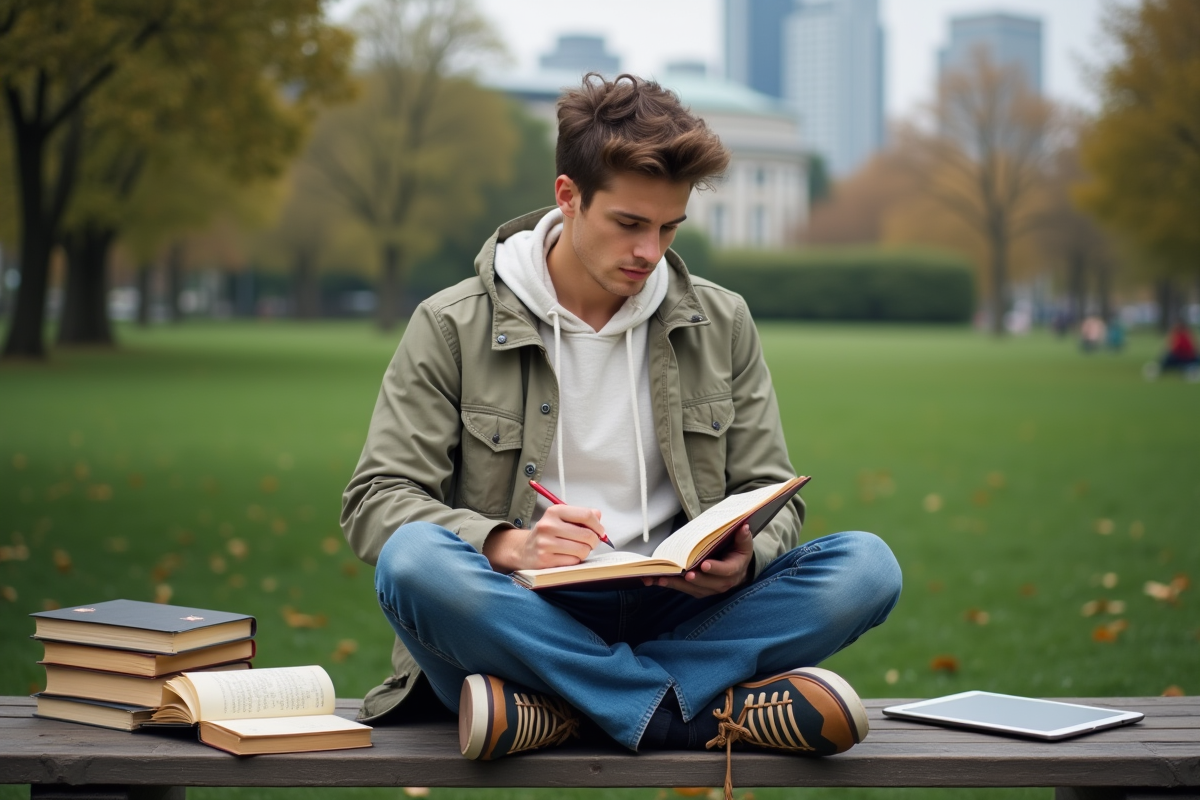 Jeune homme faisant des calculs dans un parc urbain