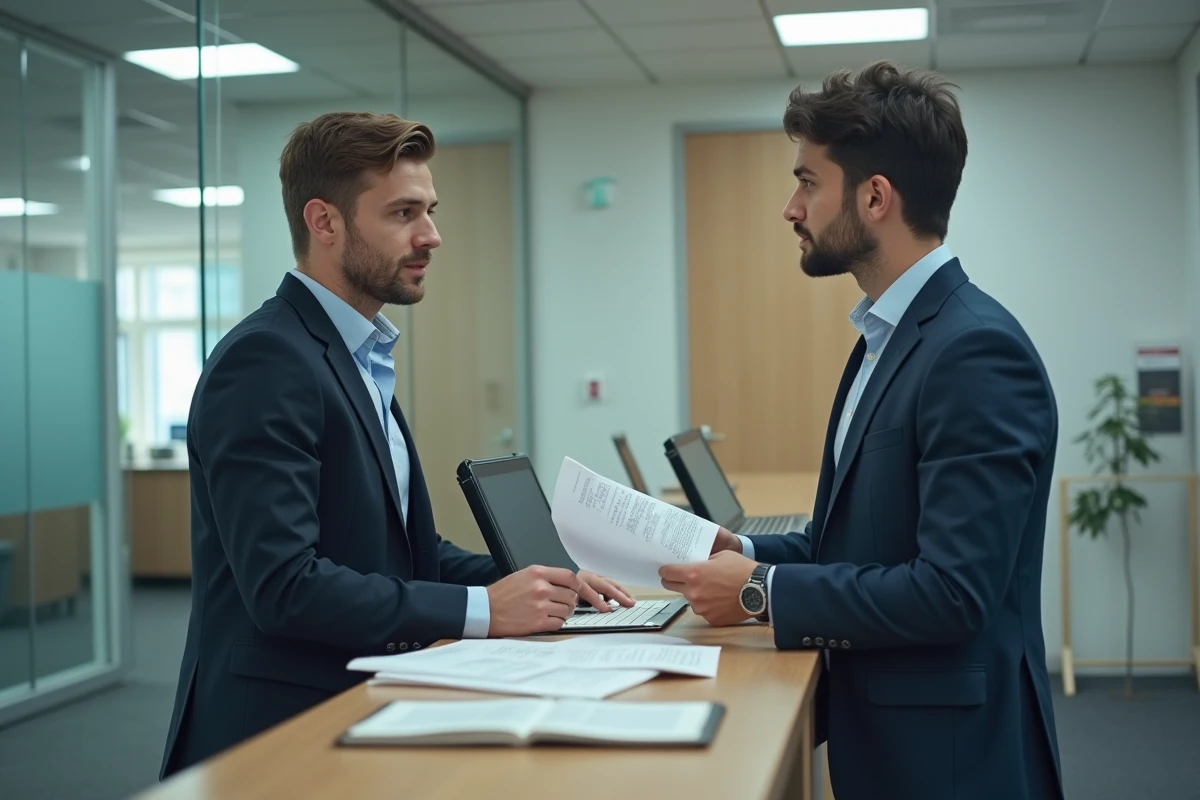 Jeune homme discutant avec un agent dans un bureau administratif