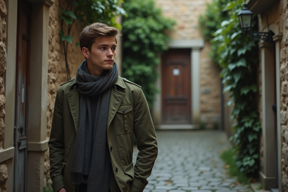 Jeune homme regardant une porte mystérieuse dans une rue pavée