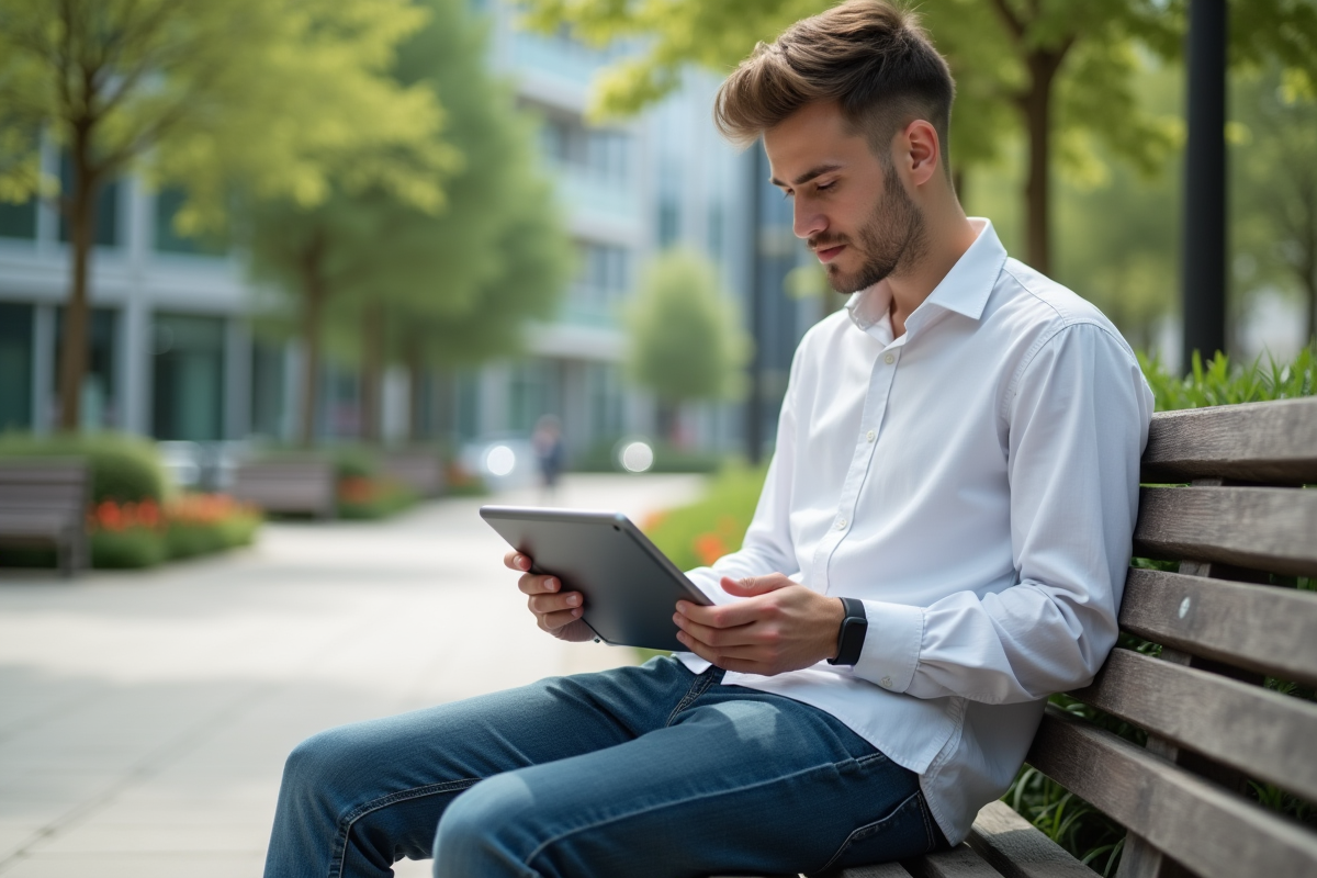 Jeune homme utilisant une tablette dans un parc urbain