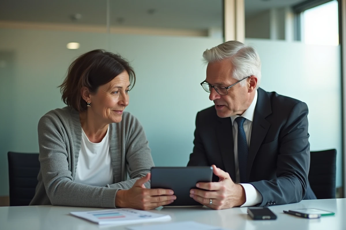 Jeune homme en costume avec une femme âgée utilisant une tablette