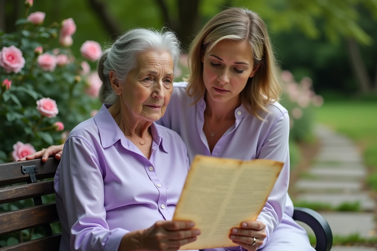 Grand-mère émue lisant un poème manuscrit dans un jardin fleuri avec sa petite-fille