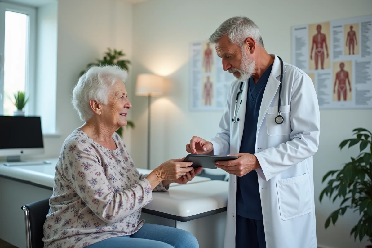 Médecin gériatre et patiente âgée consultant les résultats d'un score IADL sur tablette lors d'une consultation de suivi