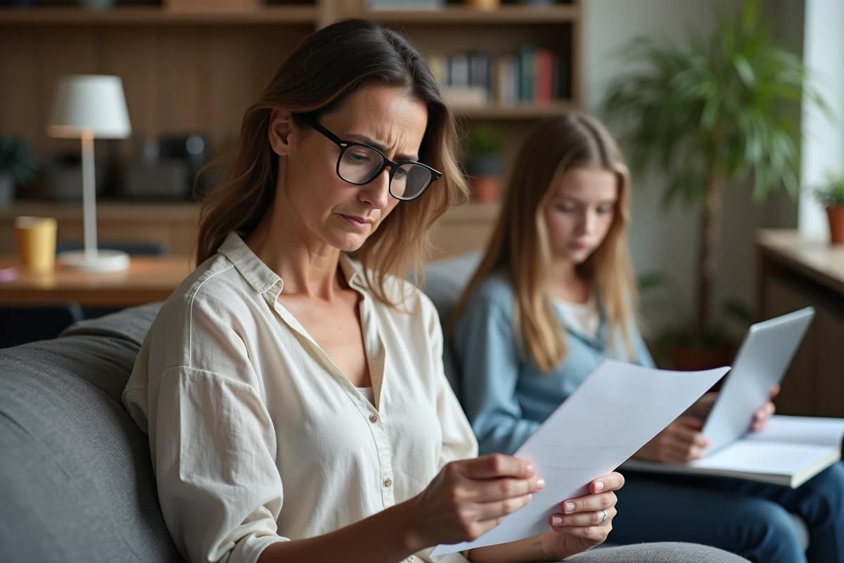 Mère inquiète examinant le bulletin scolaire de sa fille pendant que celle-ci révise à domicile