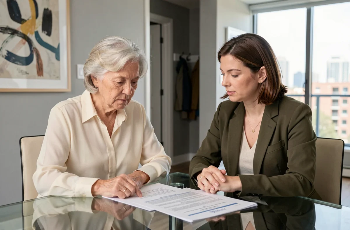 Mère retraitée et sa fille adulte discutant de la transmission familiale et des options fiscales autour de documents de planification successorale