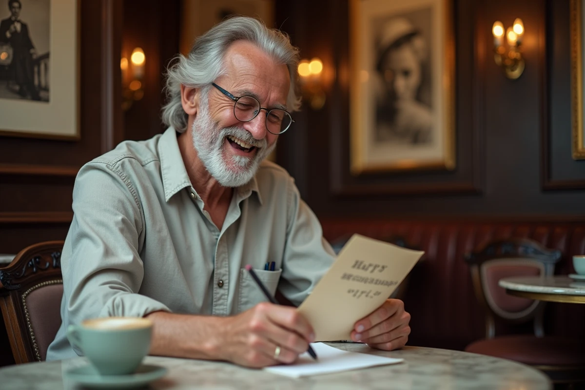 Homme de 70 ans souriant qui écrit un message d'anniversaire humoristique dans une carte dans un café bistrot français