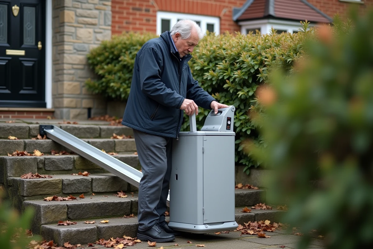 Monte escalier portable installé sur un escalier extérieur en pierre, homme adulte inspectant le système de commande à l'entrée d'une maison