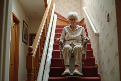 Monte escalier portable installé sur un escalier intérieur en bois, utilisé par une femme âgée assise confortablement sur le siège du monte-escalier
