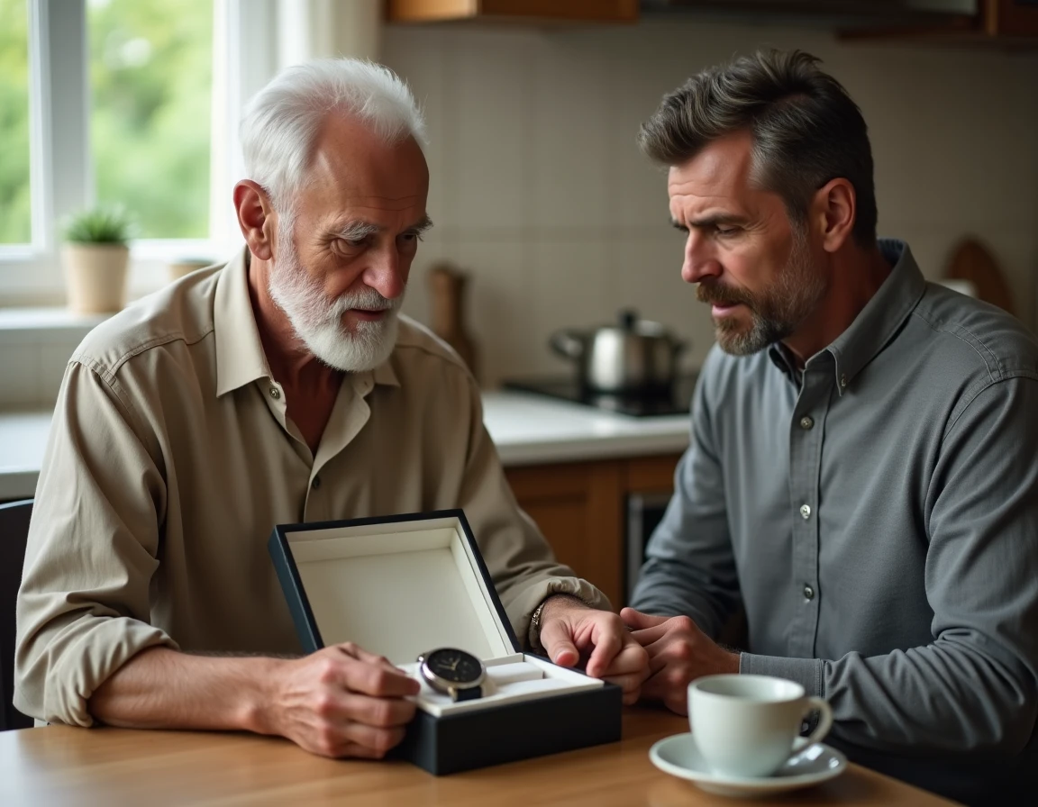 Un homme âgé examine une montre offerte dans un écrin cadeau à table, tandis que son fils l'observe avec attention