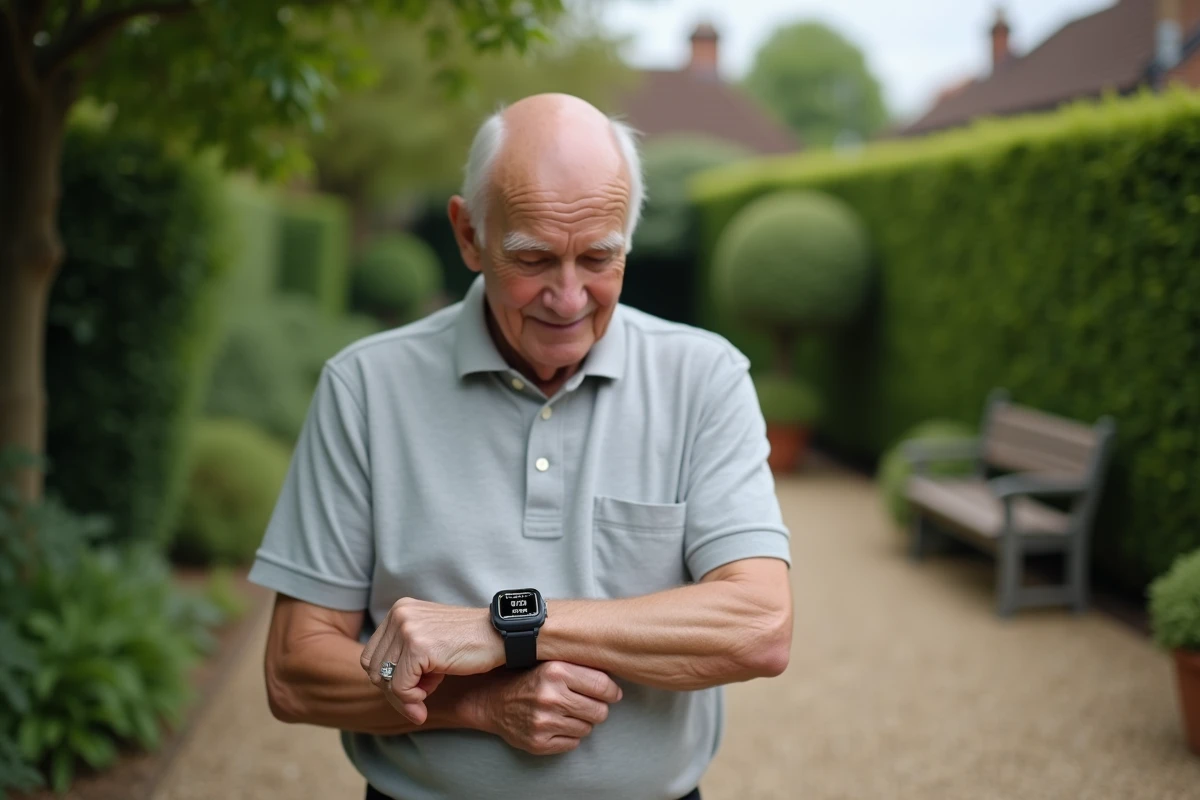 Homme âgé consultant sa montre GPS SOS senior dans un jardin
