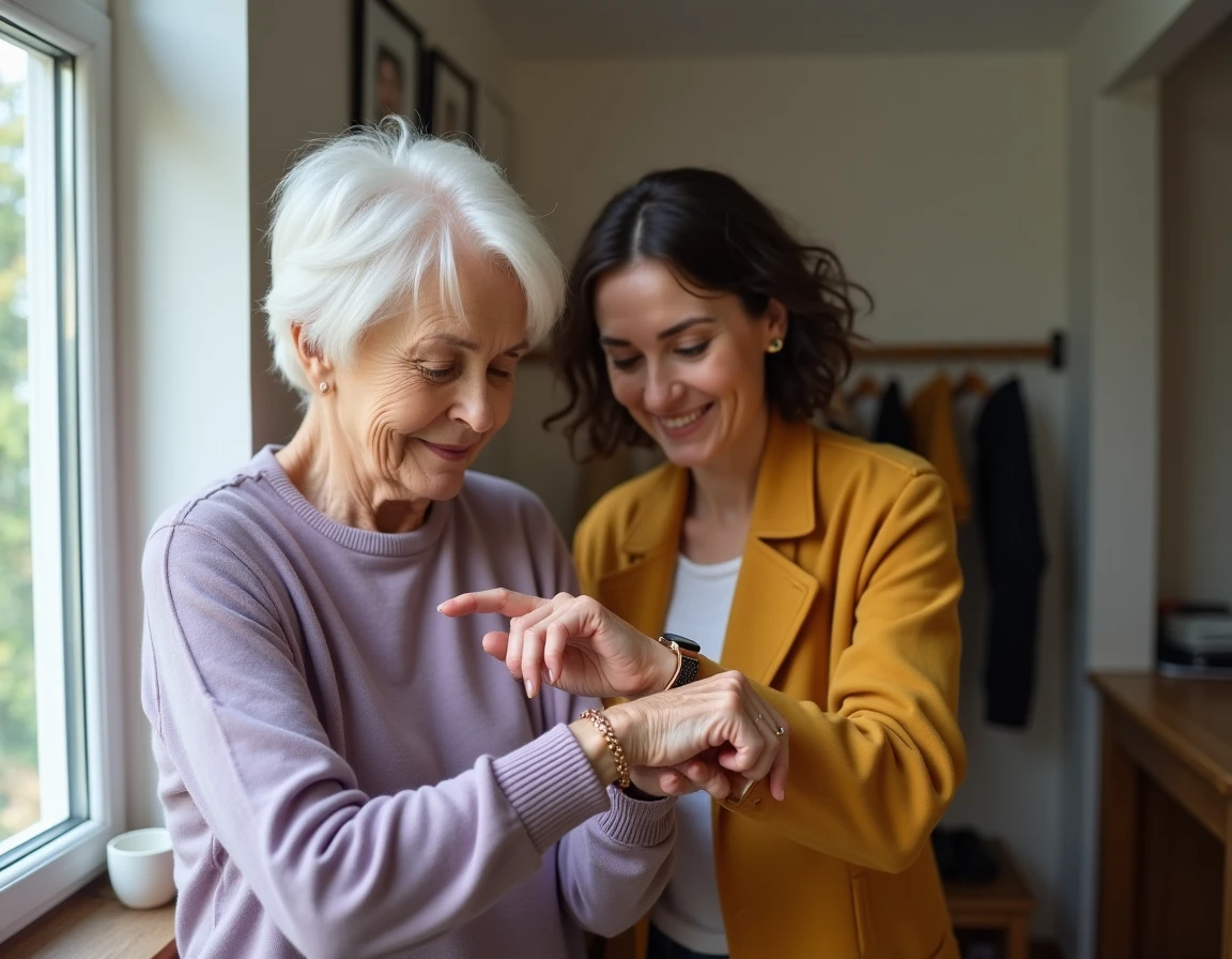 Une femme âgée regarde d'un air hésitant une montre dorée à son poignet, accompagnée d'une jeune femme souriante dans un couloir d'appartement