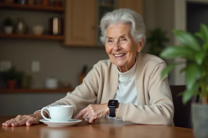 Femme âgée appuyant sur le bouton SOS de sa montre d'alarme senior en cuisine