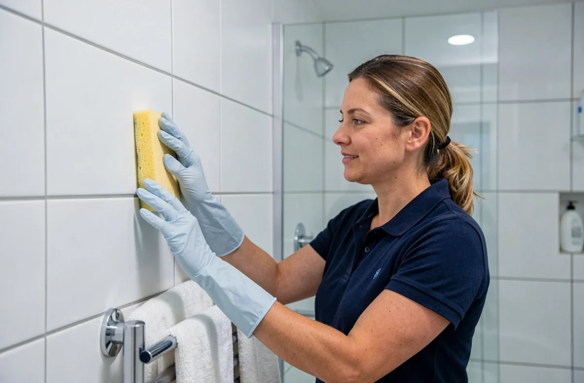 Femme de ménage professionnelle récurant les carrelages d'une salle de bain contemporaine