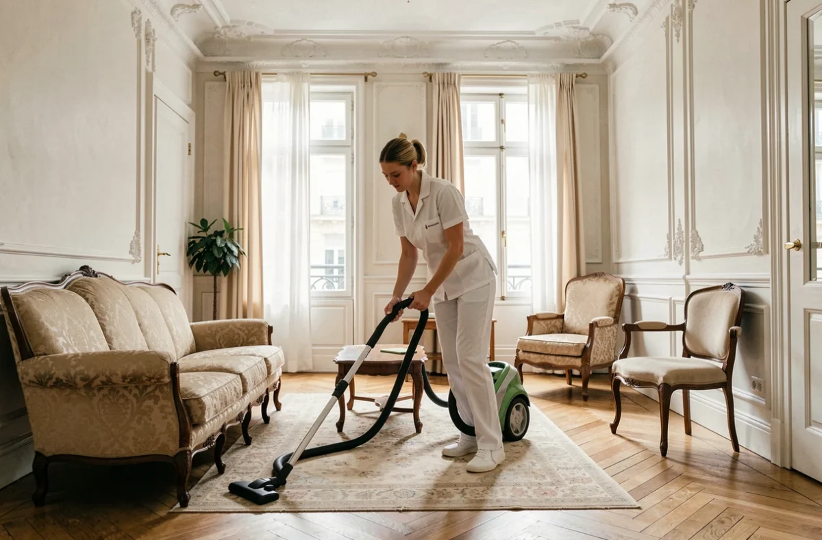 Femme de ménage passant l'aspirateur dans un salon de style haussmannien à Lille lors d'un service de ménage à domicile
