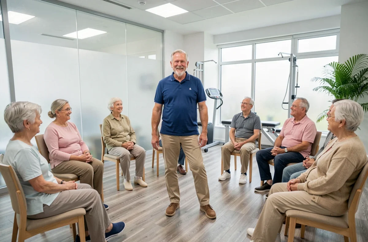 Résident senior participant à une activité bien-être dans la salle moderne de la résidence Nohée à Douai