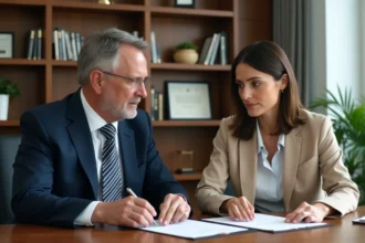Homme en costume écoute une notaire dans un bureau moderne