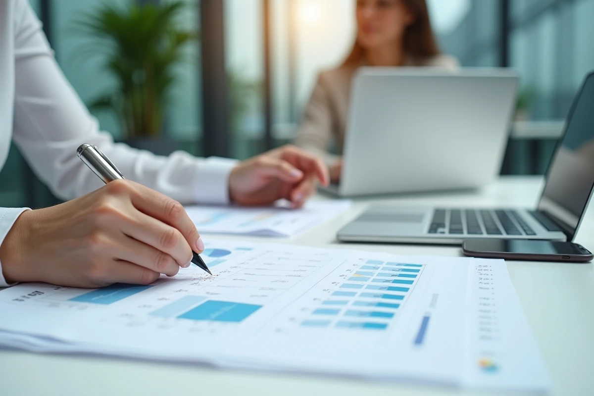 Mains d'une tutrice organisant des rapports financiers et documents administratifs sur un bureau professionnel moderne
