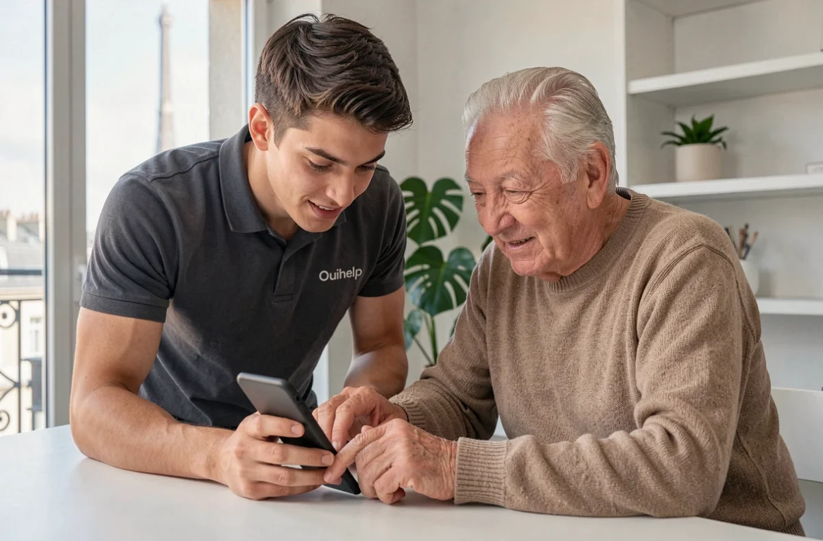 Un intervenant Ouihelp Paris aidant un senior à utiliser son smartphone dans un appartement parisien moderne