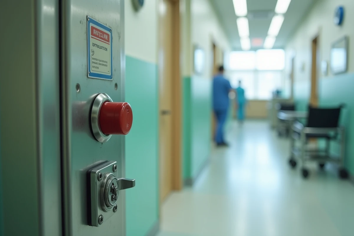 Panneau de commande et mécanisme de verrouillage de sécurité d'un élévateur PMR dans un établissement de santé