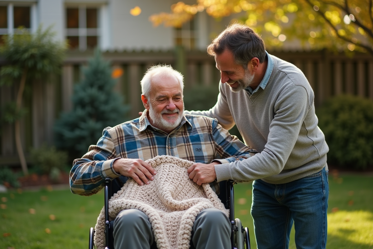 Pere agee en fauteuil avec son fils dans le jardin