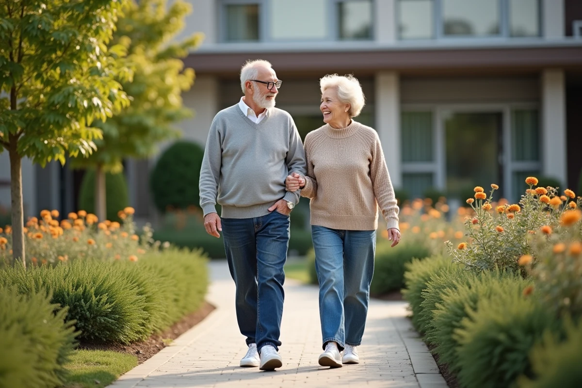 Père et fille marchant dans le jardin d