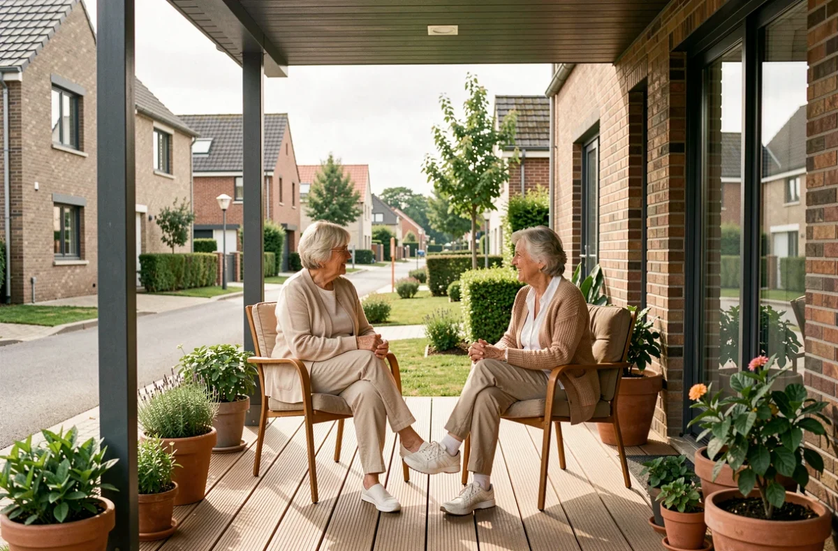 Deux résidentes seniors discutant sur la terrasse des Patios d'Or à Saint-André-lez-Lille