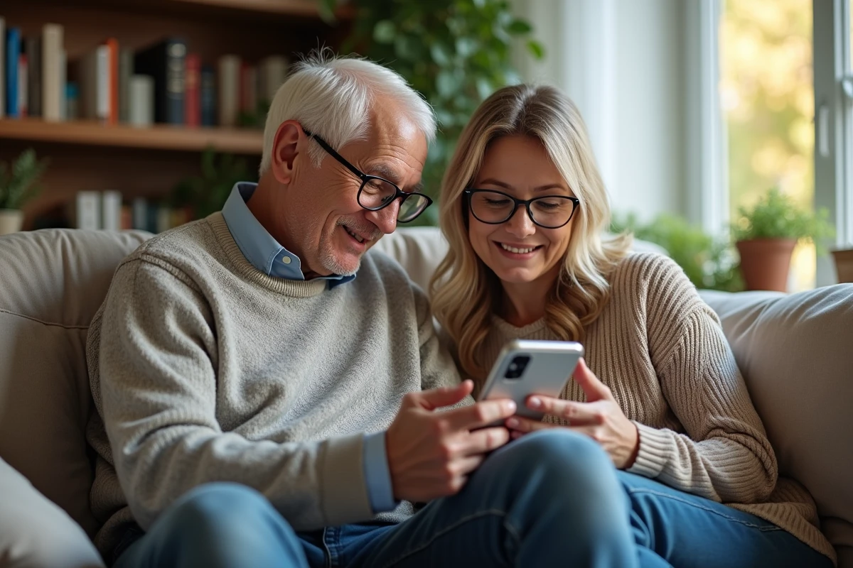 Père âgé avec sa fille partageant une application de soins à la maison