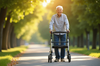 Personne agee utilisant un rollator dans un parc ensoleille