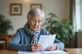 Femme agee en care home lisant une liste de prix