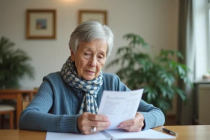 Femme agee en care home lisant une liste de prix