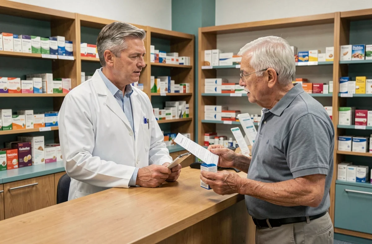 Pharmacien conseillant un patient âgé polymédiqué sur les compléments alimentaires et interactions médicamenteuses