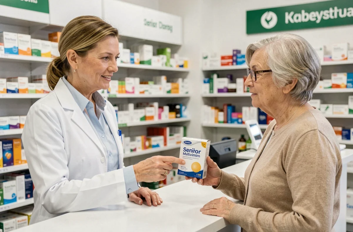 Pharmacienne conseillant une femme âgée sur les contre-indications d'un complément alimentaire senior