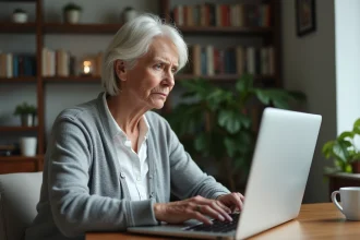 Femme senior frustrée face à un problème de connexion sur son compte Agirc Arrco via France Connect sur ordinateur portable